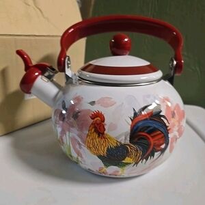 Rooster Design Red and White Tea Kettle